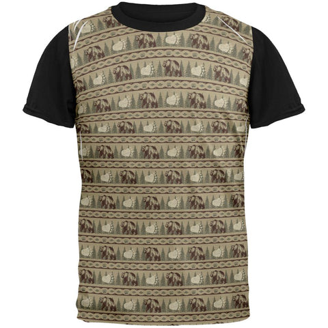 Grizzly Bear Adirondack Pattern Tan All Over Mens Black Back T Shirt