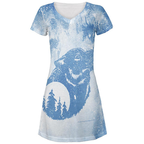 Distressed Blue Howling Wolf Silhouette All Over Juniors V-Neck Dress