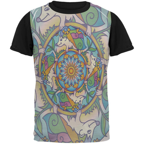 Mandala Trippy Stained Glass Hedgehog All Over Mens Black Back T Shirt