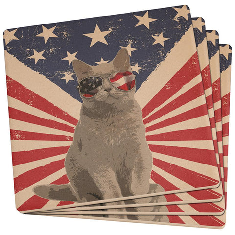 4th Of July Meowica America Patriot Cat Set of 4 Square Sandstone Coasters