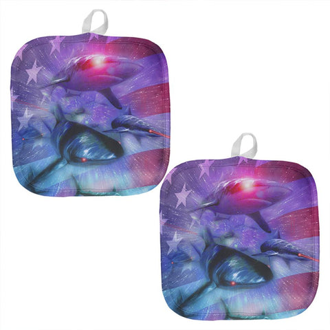 July 4th Patriotic American Galaxy Laser Sharks All Over Pot Holder (Set of 2)