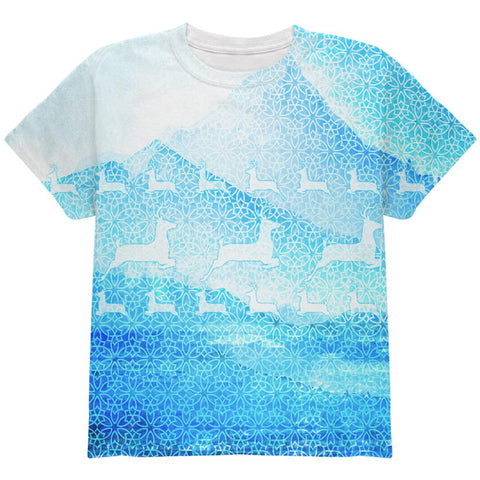 Not An Ugly Christmas Sweater Winter Mountains Deer All Over Youth T Shirt