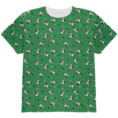 Retro Ferry Merry Christmas Ferret Pattern All Over Youth T Shirt