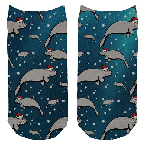 Christmas Manatee Floaty Potato Pattern All Over Adult Ankle Socks