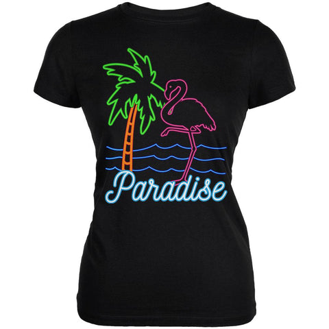 Retro 80s Neon Sign Flamingo Paradise Juniors Soft T Shirt