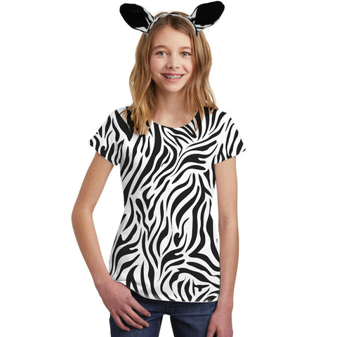 Halloween Costume White Zebra Pattern All Over Big Kid Costume T Shirt with Zebra Ears Headband
