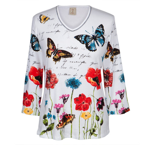 Butterflies Joyful Flowers Women's V-Neck Long Sleeve Blouse