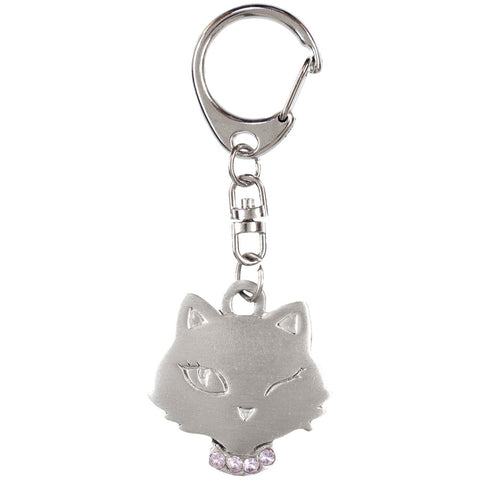 Winking Cat With Rhinestones Pewter Key Tag