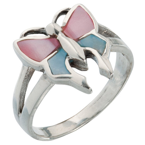 Butterfly With Pink & Blue Stone Sterling Silver Ring