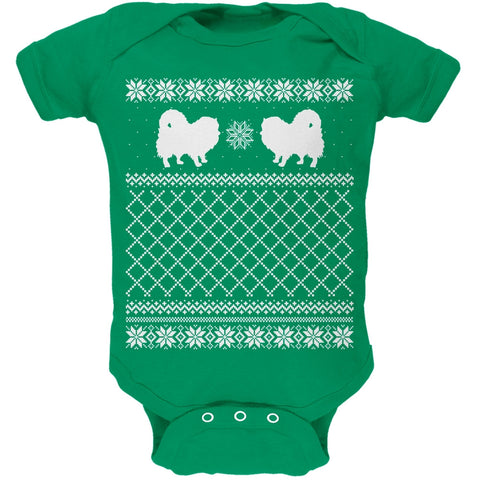 Pomeranian Ugly Christmas Sweater Kelly Green Soft Baby One Piece