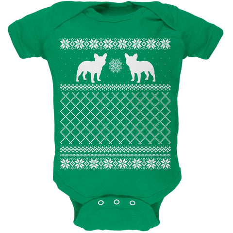 French Bulldog Ugly Christmas Sweater Kelly Green Soft Baby One Piece