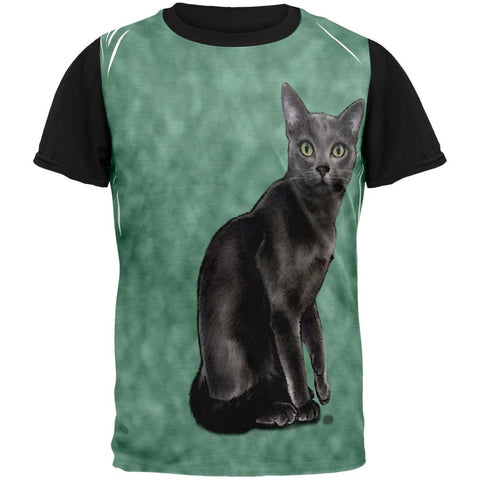 Green Eyed Grey Kitty Tie Dye Adult Black Back T-Shirt