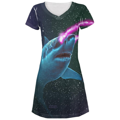 Galaxy Great White Shark Laser Beams All Over Juniors V-Neck Dress