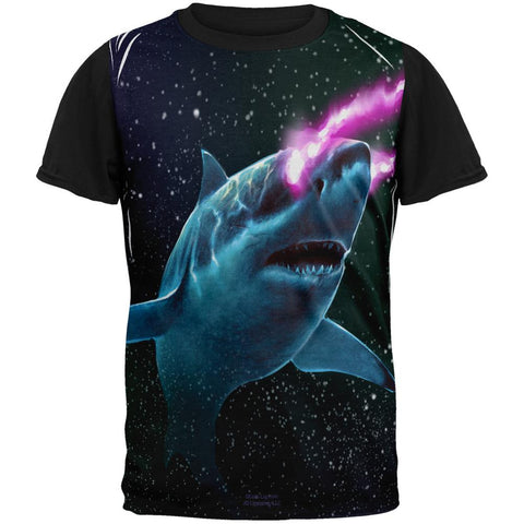 Galaxy Great White Shark Laser Beams All Over Mens Black Back T Shirt