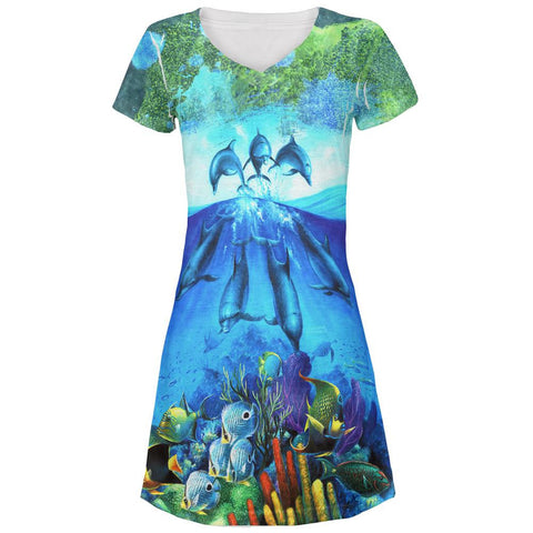 Dolphins Jumping Over Reef All Over Juniors V-Neck Dress