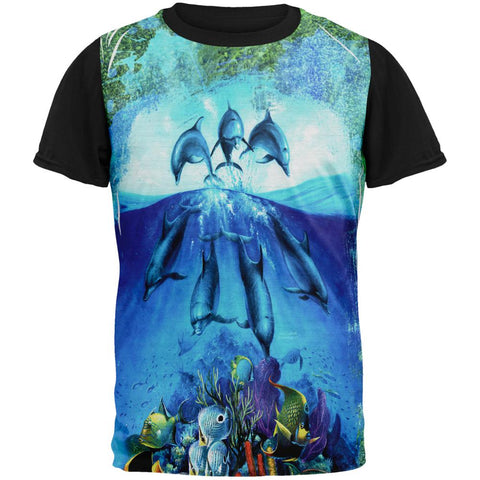 Dolphins Jumping Over Reef All Over Mens Black Back T Shirt