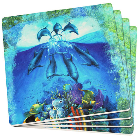 Dolphins Jumping Over Reef Set of 4 Square Sandstone Coasters