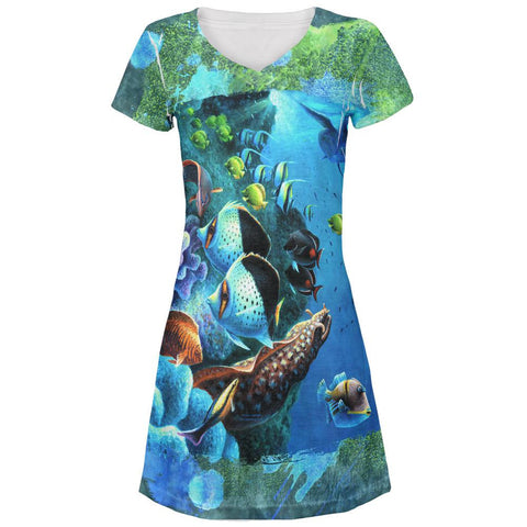 Tropical Reef Splatter All Over Juniors V-Neck Dress