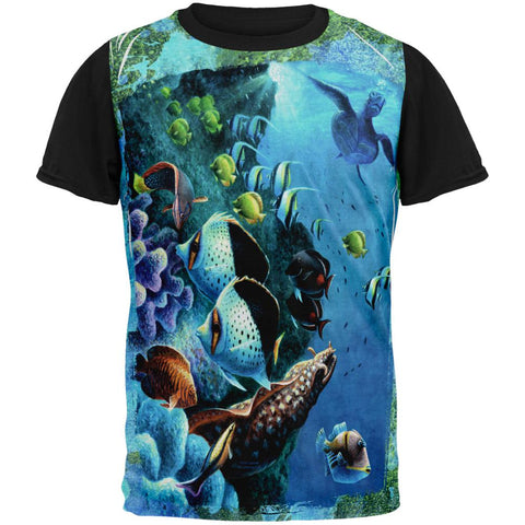 Tropical Reef Splatter All Over Mens Black Back T Shirt