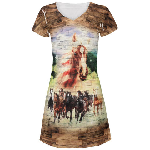 4th of July Wild Horse Mustang Patriot All Over Juniors V-Neck Dress