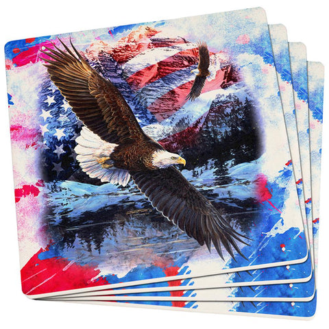 4th of July American Flag Bald Eagle Splatter Set of 4 Square Sandstone Coasters