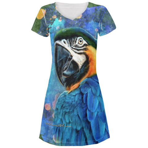 Blue Hyacinth Macaw Splatter All Over Juniors V-Neck Dress