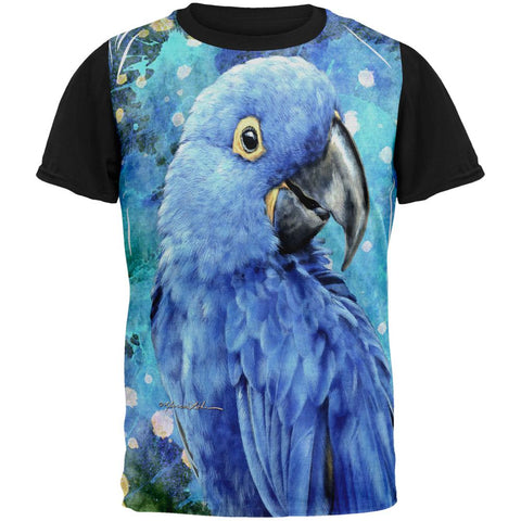 Blue Hyacinth Macaw Splatter All Over Adult Black Back T-Shirt