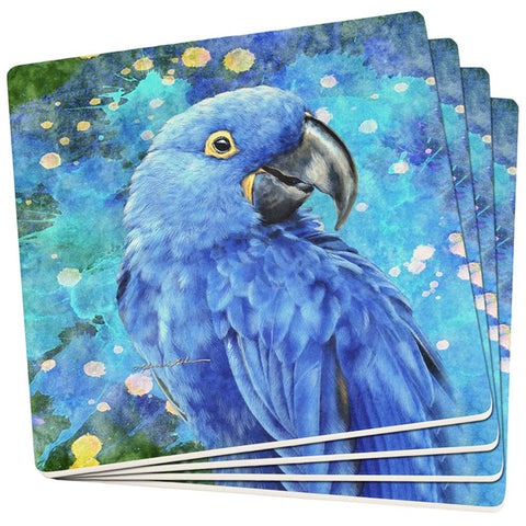 Blue Hyacinth Macaw Splatter Set of 4 Square Sandstone Coasters