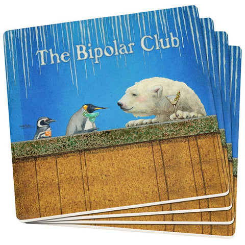 Bipolar Club Penguin Bear Funny Set of 4 Square Sandstone Coasters
