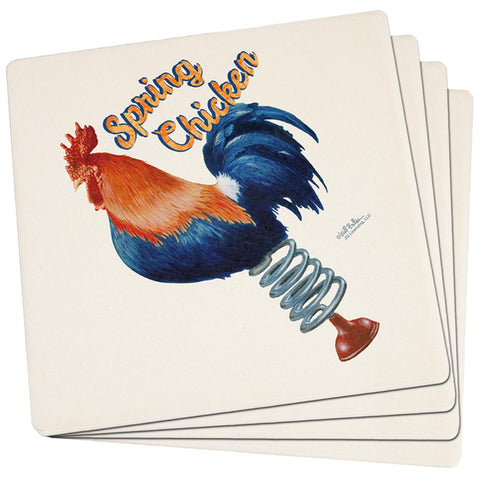Spring Chicken Funny Set of 4 Square Sandstone Coasters