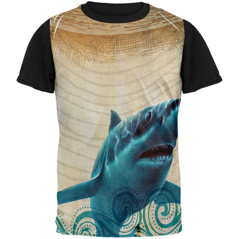Great White Shark in Waves All Over Mens Black Back T Shirt