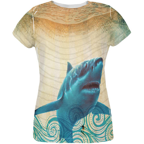 Great White Shark in Waves All Over Womens T Shirt