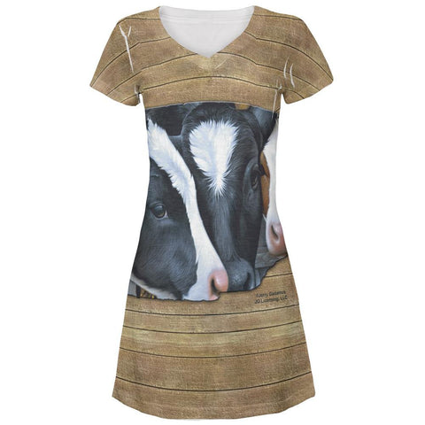 Queens of the Dairy Farm Cows All Over Juniors V-Neck Dress
