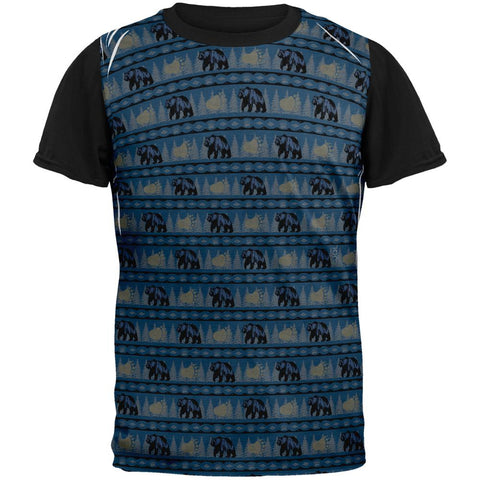 Grizzly Bear Adirondack Pattern Blue All Over Mens Black Back T Shirt