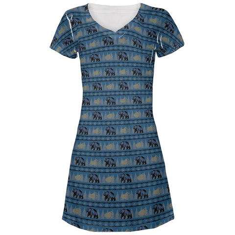 Grizzly Bear Adirondack Pattern Blue Juniors V-Neck Beach Cover-Up Dress