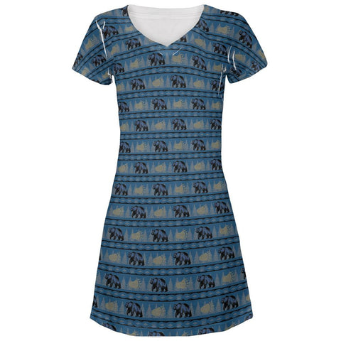 Grizzly Bear Adirondack Pattern Blue All Over Juniors V-Neck Dress