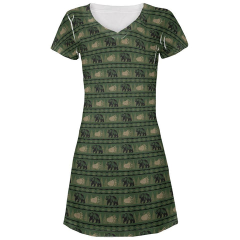 Grizzly Bear Adirondack Pattern Green All Over Juniors V-Neck Dress