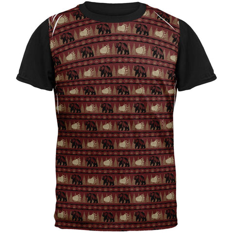 Grizzly Bear Adirondack Pattern Red All Over Mens Black Back T Shirt