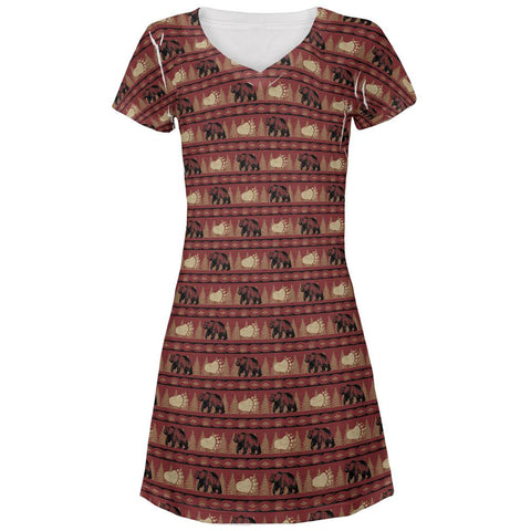 Grizzly Bear Adirondack Pattern Red All Over Juniors V-Neck Dress