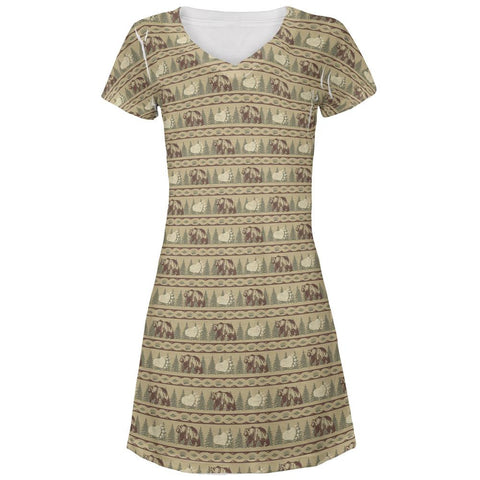 Grizzly Bear Adirondack Pattern Tan All Over Juniors V-Neck Dress