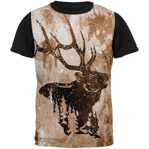 Distressed Brown Elk Silhouette All Over Mens Black Back T Shirt  front view