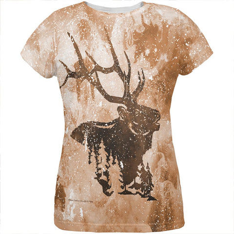 Distressed Brown Elk Silhouette All Over Womens T Shirt