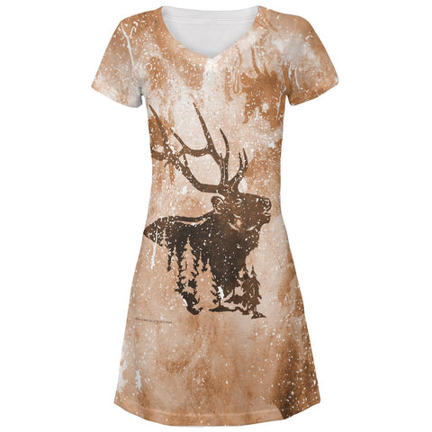 Distressed Brown Elk Silhouette Juniors V-Neck Beach Cover-Up Dress