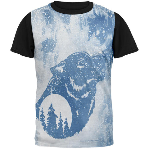 Distressed Blue Howling Wolf Silhouette All Over Mens Black Back T Shirt