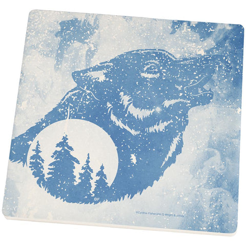 Distressed Blue Howling Wolf Silhouette Square Sandstone Coaster