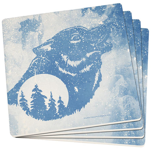 Distressed Blue Howling Wolf Silhouette Set of 4 Square Sandstone Coasters