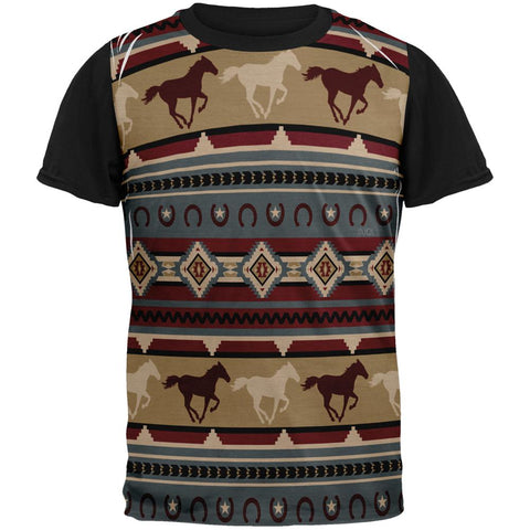 Southwestern Wild Horses Pattern All Over Mens Black Back T Shirt