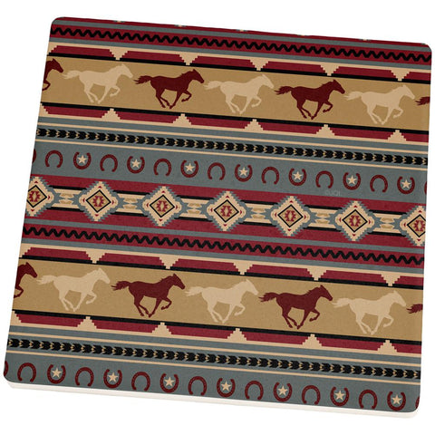 Southwestern Wild Horses Pattern Square Sandstone Coaster