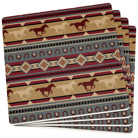 Southwestern Wild Horses Pattern Set of 4 Square Sandstone Coasters