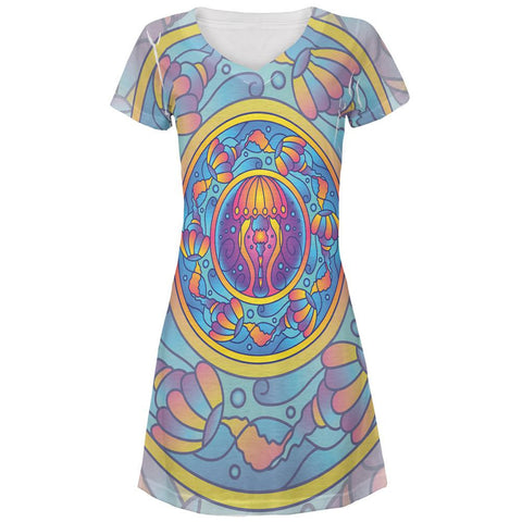 Mandala Trippy Stained Glass Jellyfish All Over Juniors V-Neck Dress